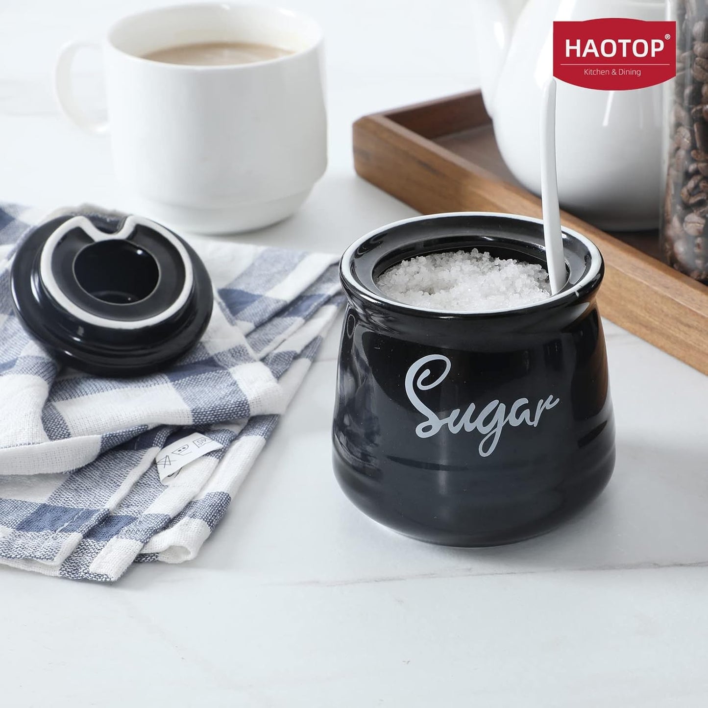 HAOTOP Farmhouse Porcelain Sugar Bowl with Lid and Spoon 12oz,Easy to Clean (Black)