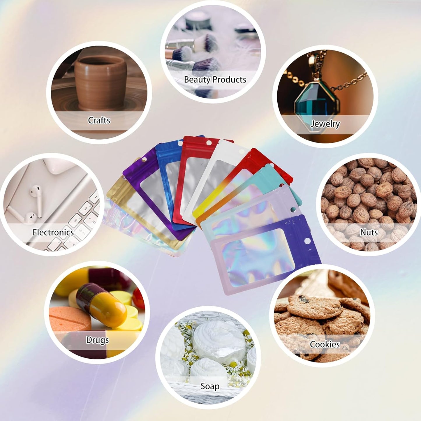 200 Pack Resealable Mylar Holographic Bags Food Storage Smell Proof Bags with Front Window Foil Packaging Pouch for Candy Sample Jewelry Small Business 4.72×7.87 Inch, Purple