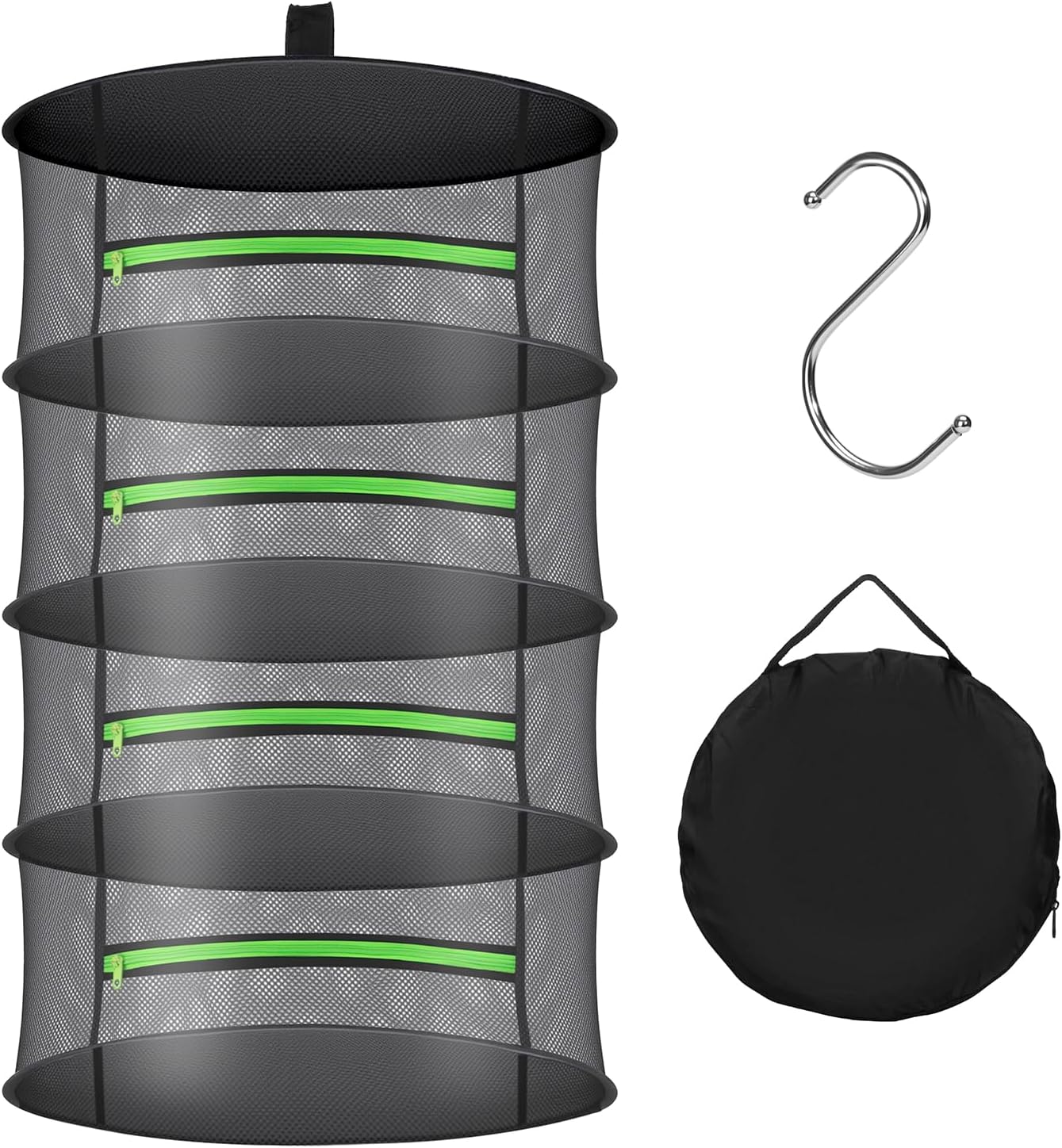 Herb Drying Rack with Mesh Design - Hanging Herb Dryer with Green Zipper for Garden, Home, Indoor or Outdoor Use (4layer)