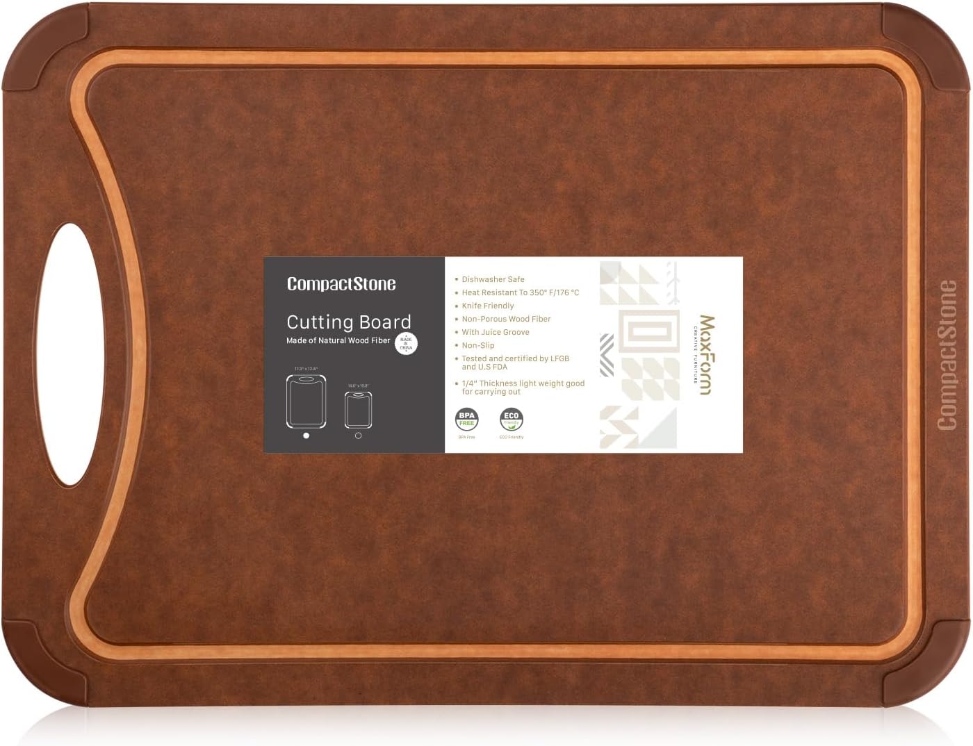 Cutting Board with Non-Slip Feet and Juice Groove for Kitchen, Wood Fiber Composite, 17.3-Inch by 12.8-Inch, Brown