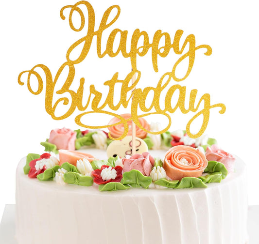 Happy Birthday Cake Toppers 9 Inch Glitter Happy Birthday Cake Pick for Birthday Anniversary Theme Party Cake Decorations Supplies - Gold