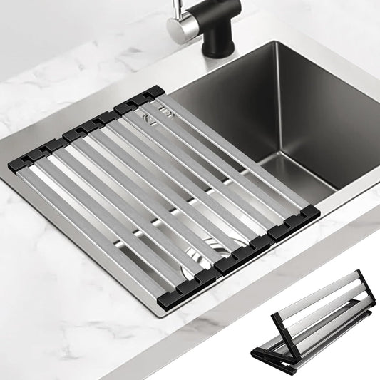17.5" X 13" Roll Up Dish Drying Rack, 304 Stainless Steel Over Sink Dish Drying Rack, Foldable Heat-Resistant Dishes Drainer for Kitchen and RV Sink Counter, Black