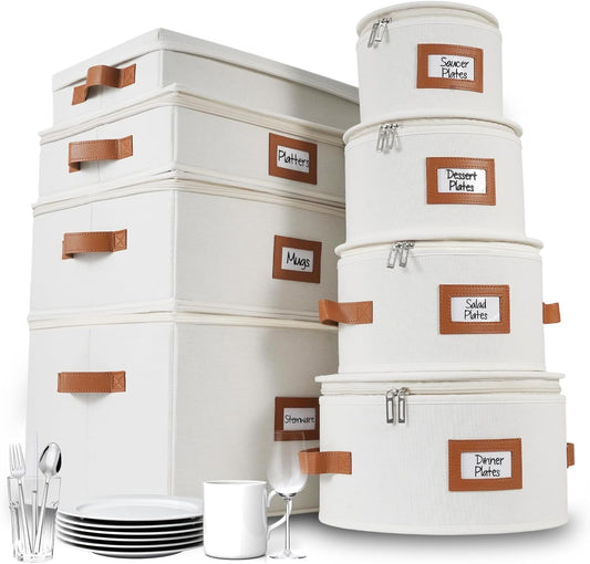 HOMELUX THEORY Hard Shell China Storage Containers, 8pc Ivory Mug & Plate Storage Box, Kitchen Storage Bins W/Lids, Heavy Duty Moving Box with Handles for Dishes, Glassware, Silverware, Cup & Mug