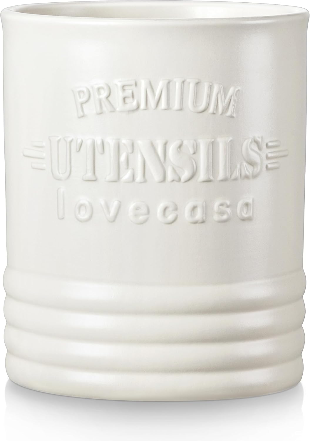 LOVECASA Vintage Utensil Holder for Kitchen Countertop, 7.2” Large Ceramic Utensil Crock for Home Décor, Farmhouse Utensil Vase for Housewarming, Wedding, Birthday Gift - Cream White