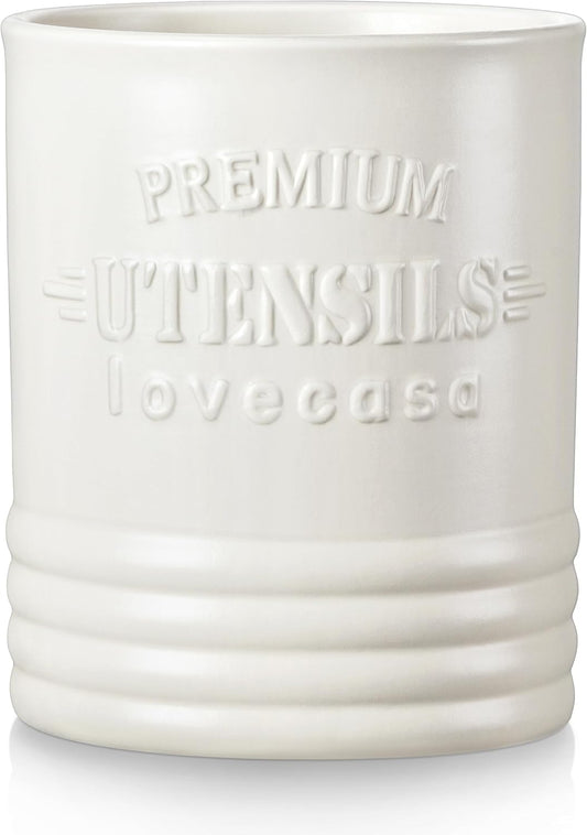 LOVECASA Vintage Utensil Holder for Kitchen Countertop, 7.2” Large Ceramic Utensil Crock for Home Décor, Farmhouse Utensil Vase for Housewarming, Wedding, Birthday Gift - Cream White