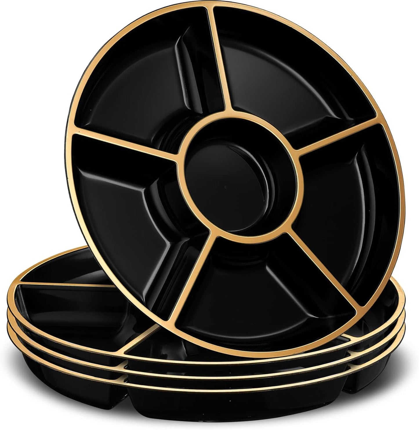 Plasticpro 6 Sectional Round Plastic Serving Tray/Platters Black & Gold Pack of 4