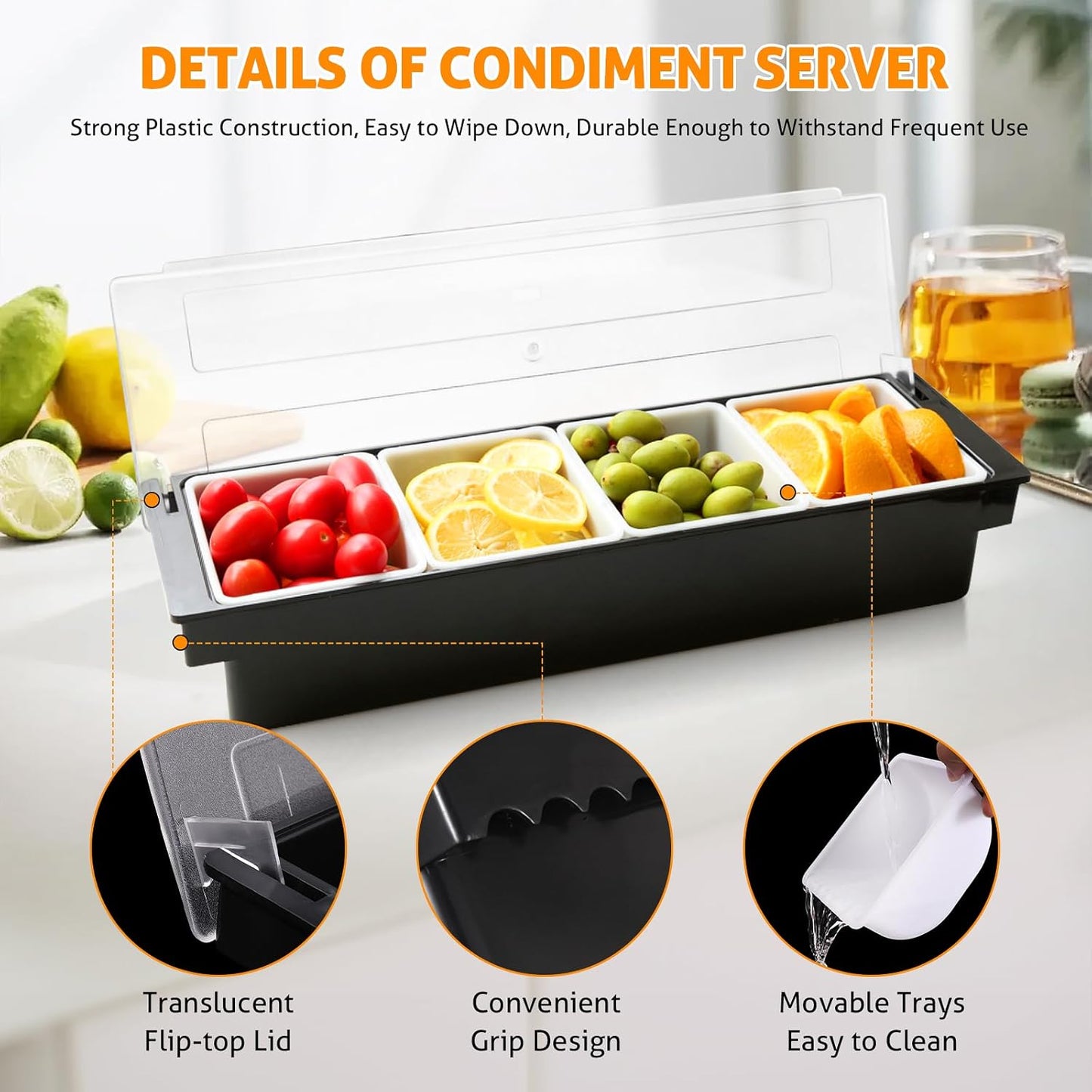 WICHEMI Condiment Container with Lid Ice Chilled Condiment Server with Ice Tray Fruit, Veggie & Condiment Caddy Plastic Garnish Station for Bartending Serving Taco, Salad Bar Container (4 Compartment)
