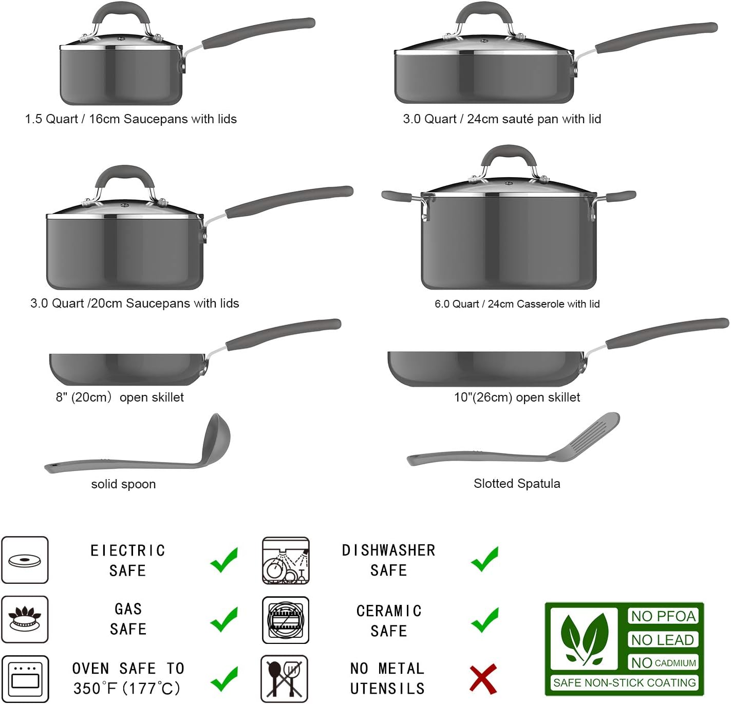 Amazon Basics Ceramic Non-Stick 12-Piece Cookware Set, Gray - Pots, Pans and Utensils