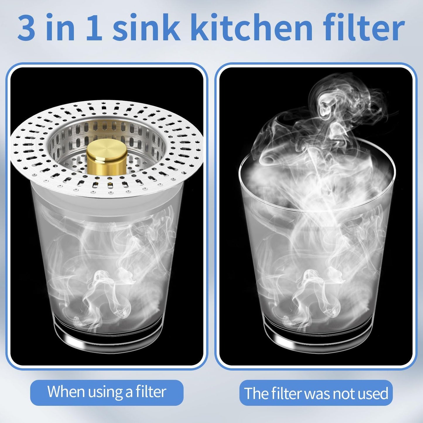 Upgraded 3 in 1 Kitchen Sink Drain Strainer - Stainless Steel Sink Stopper, Anti-Clogging Sink Food Catcher Basket, Fast Drainage Odor Filter Sink Plug(golden-2pcs)