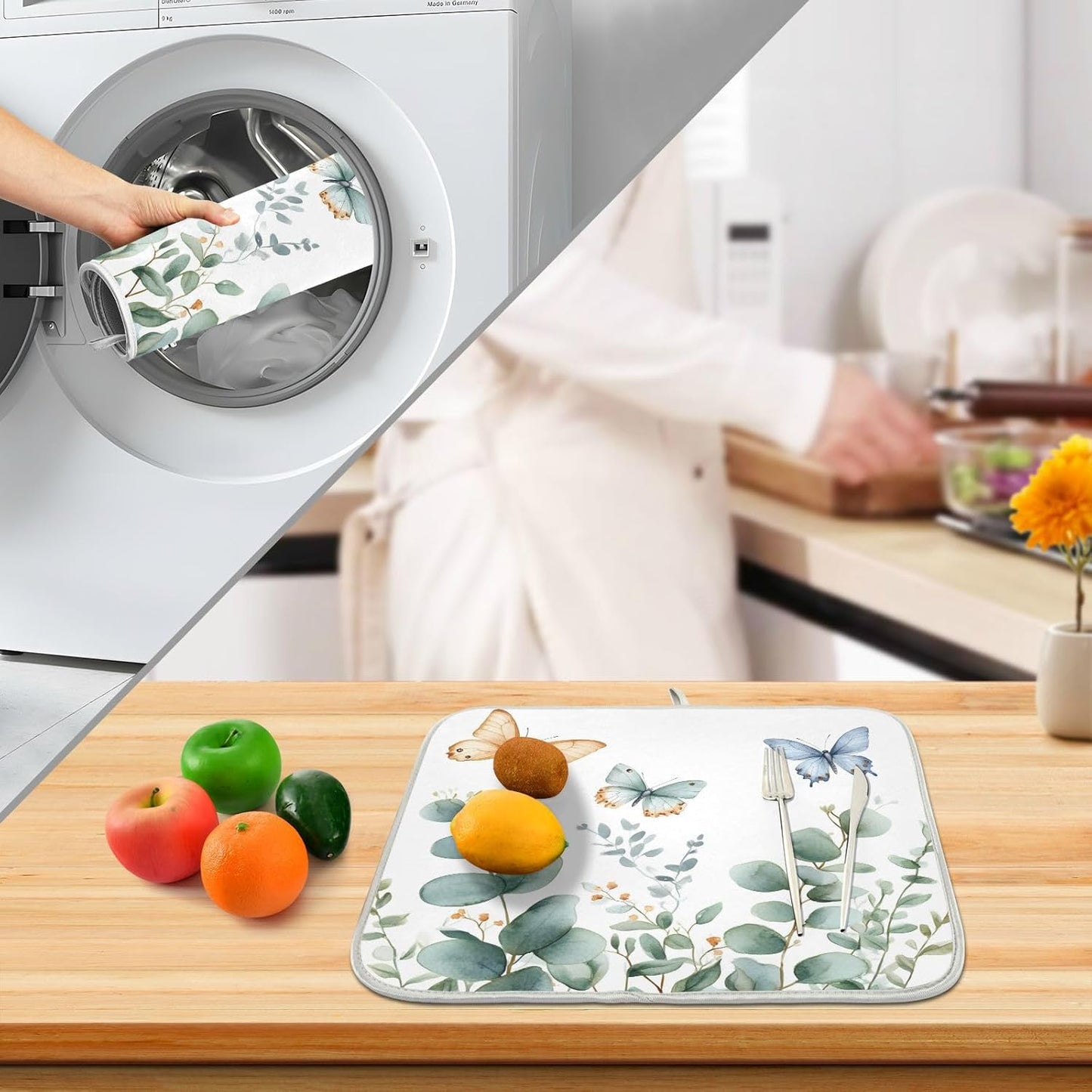 Spring Eucalyptus Green Leaf Dish Drying Mat for Kitchen Counter Absorbent Microfiber Large Drying Pad Dish mats for Kitchen Countertops 18 x 24 Inch