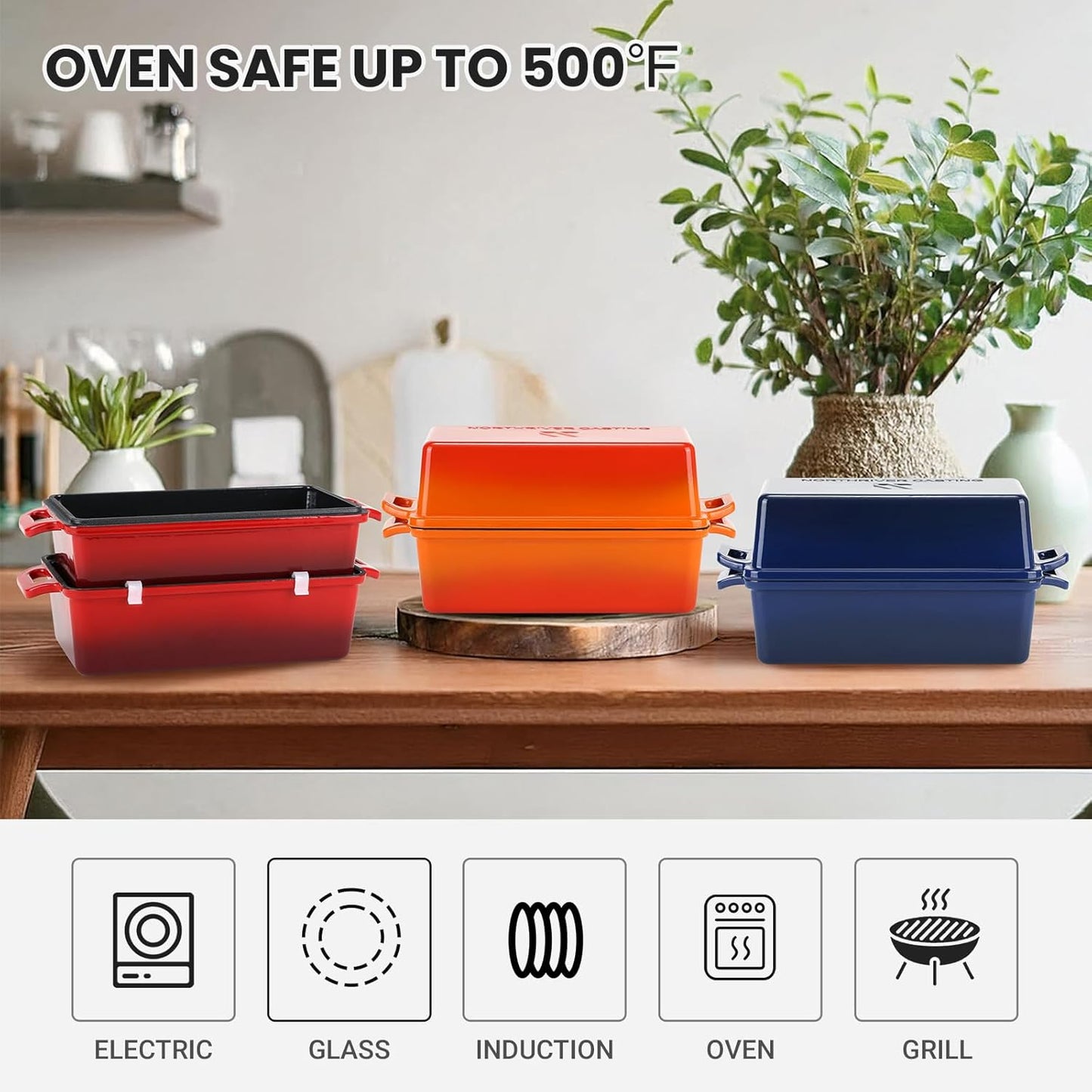 Enameled Cast Iron Loaf Pan with Lid, Best Bread Oven, Bread Loaf Pans for Baking Homemade Sourdough Bread 9x5, 2 Piece set, Flame