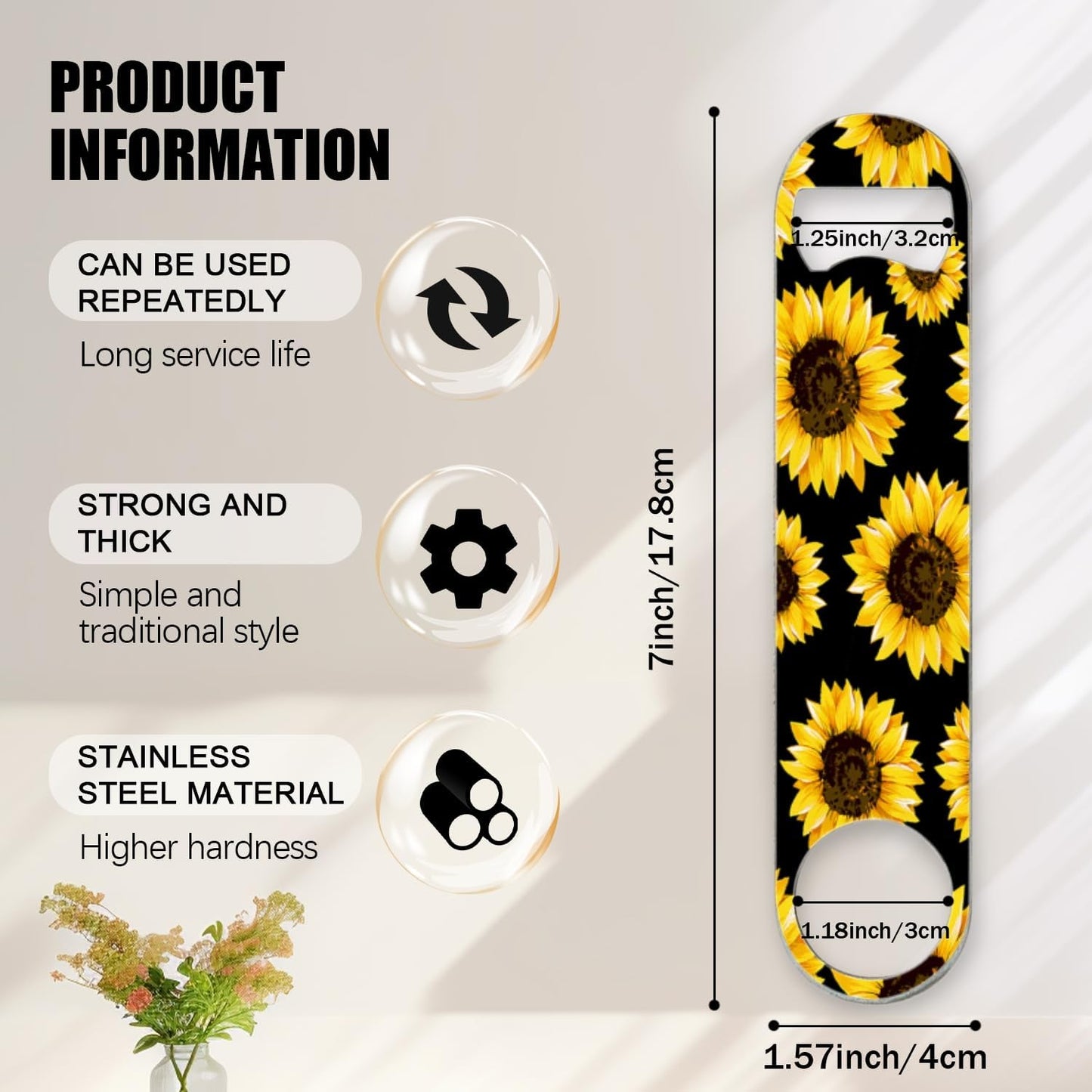 2 PACK Beer Bottle Opener, Stainless Steel Flat Bottle Openers,7 inch Metal Decor,Sunflowers On Black Background