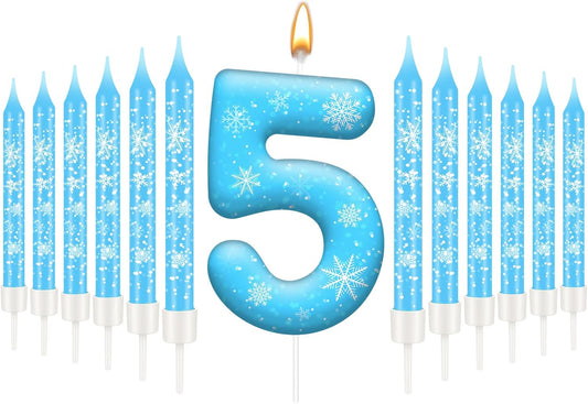 13PCS White and Blue Frozen Themed Party Birthday Candles Set - Blue Number Candles Snowflake Themed Decorations, Girls Party Supplies(Number 5)