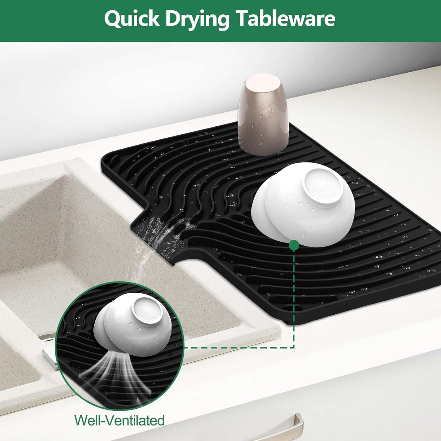 GUUKIN Dish Drying Mat, 17.7" x 11.8 " Drying Matt Kitchen Counter,Non-Slip Drying Pad, Easy Clean Pad for Countertop Protection, Multi-Functional Use (Black)