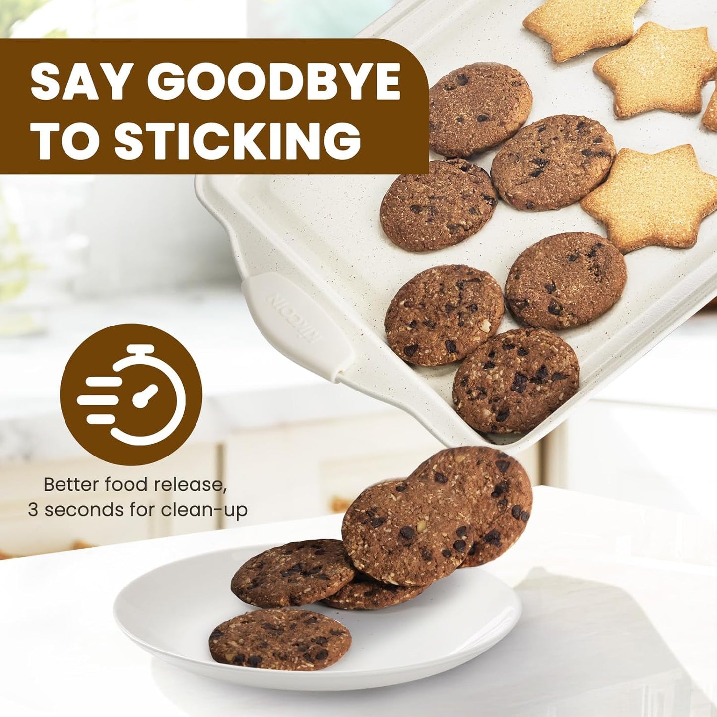 Kikcoin 22 PCS Nonstick Baking Pans Set, Stackable Bakeware Sets with Silicone Handles, 450°F Oven Safe Baking Sheet Set, Easy Release Cookie Sheets for Baking, Cream