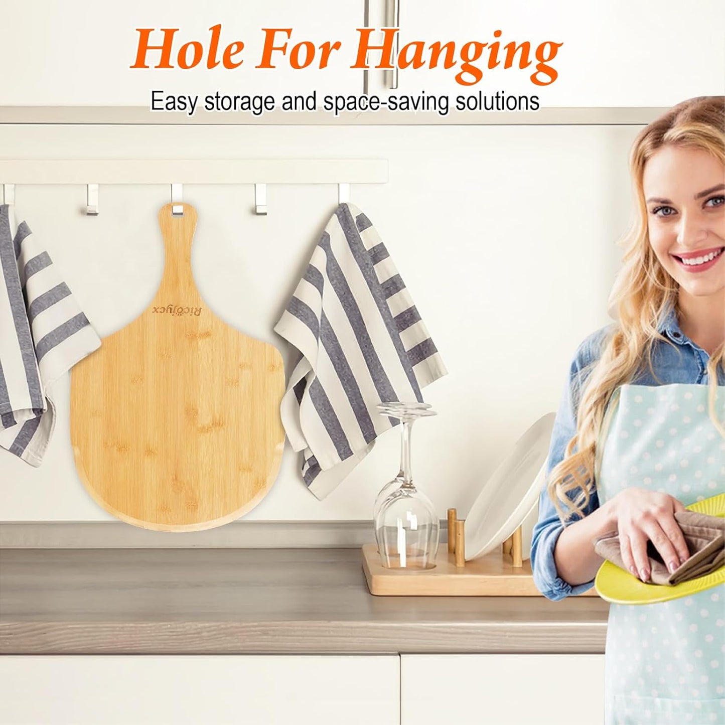 2 Pack Natural Bamboo Pizza Peel 14 inch, Wood Pizza Paddle, Cutting Board with Handle for Pizza, Bread, Cheese, Vegetable, Fruits