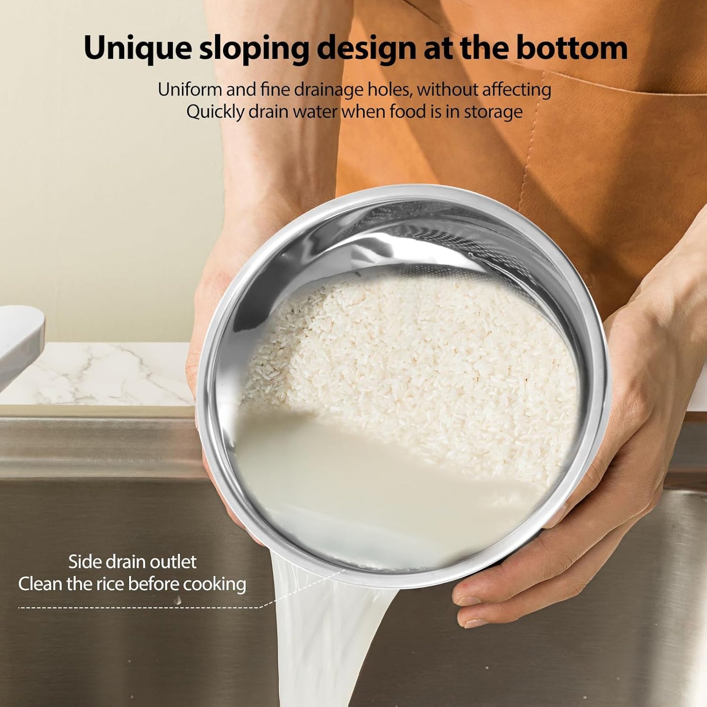 2PCS Rice Washer Strainer Bowl with Side Drainers Stainless Steel Rice Washing Bowl Multifunctional Colander for Cleaning Rinsing Fruits Vegetables Beans Silver