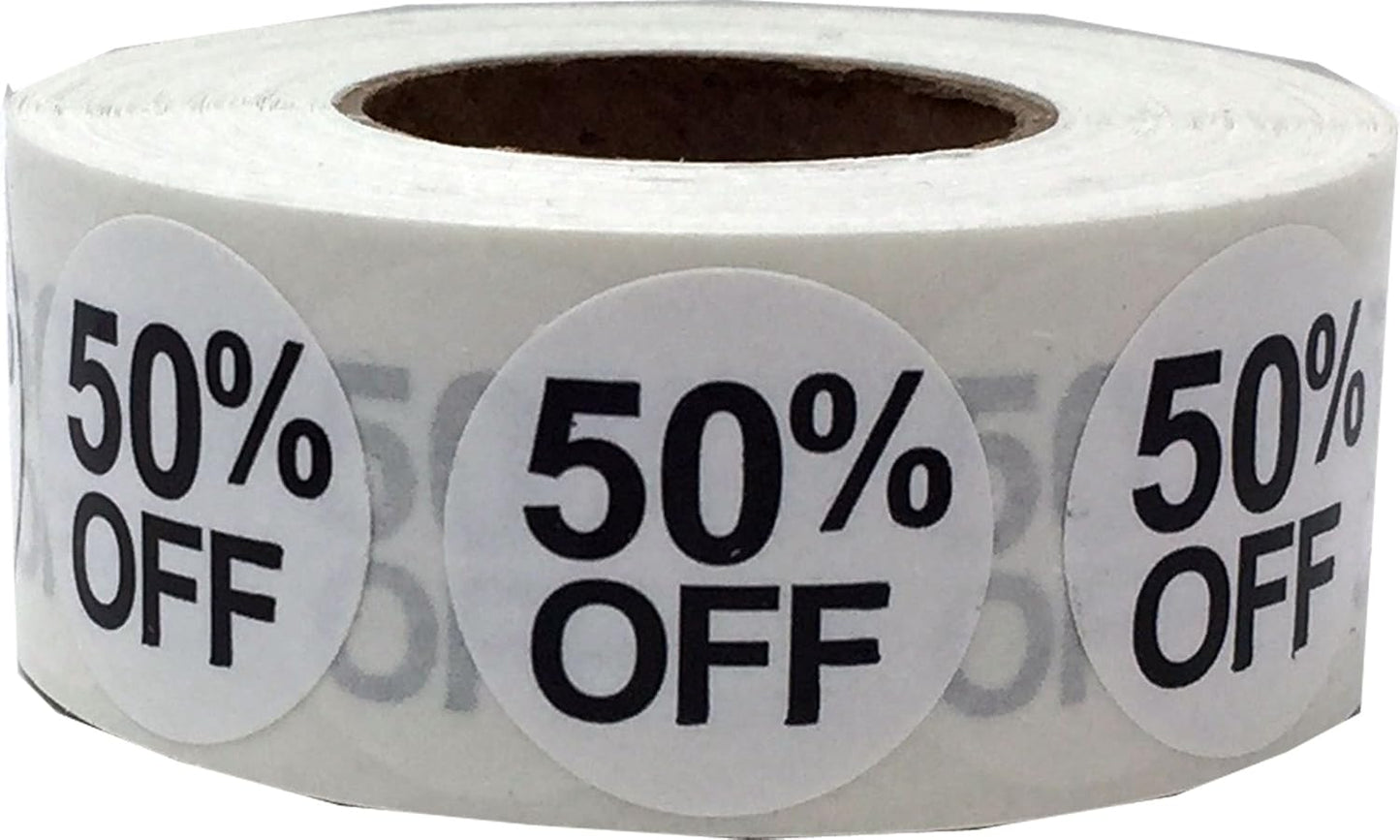 InStockLabels 50% White Stickers for Retail, 500 Labels per Roll, 3/4" Round – Stickers for Promotion & Inventory Event, Easy Peel Tags, Semi-Gloss Adhesive, Apparel-Safe, Residue-Free