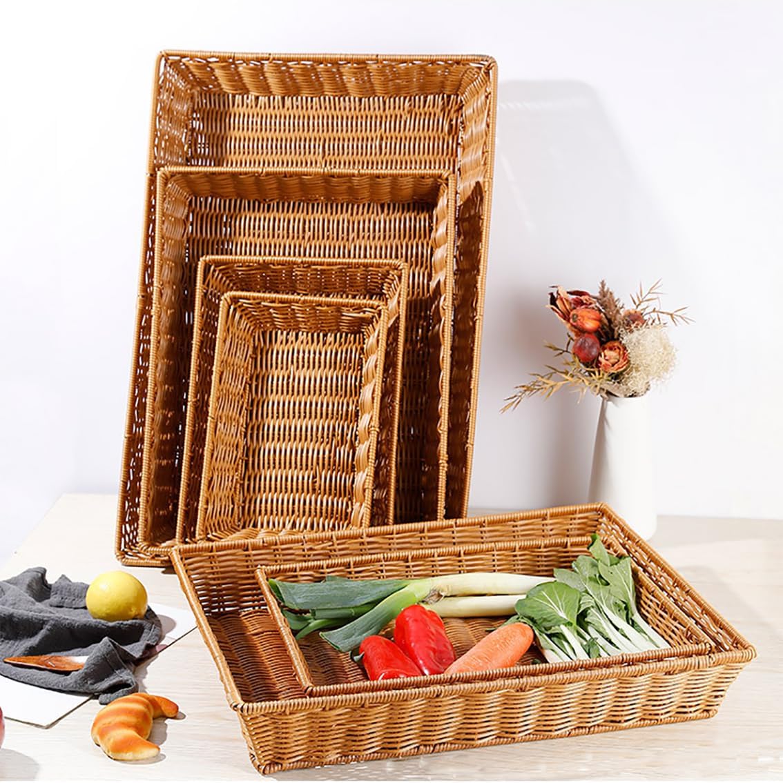Poly Wicker Bread Basket, Hand Woven Food Storage Room Organizer, Fruits, Vegetables and Snacks Tabletop Food Serving Basket, Restaurant, Hotel Service, Brown (16“2pack)