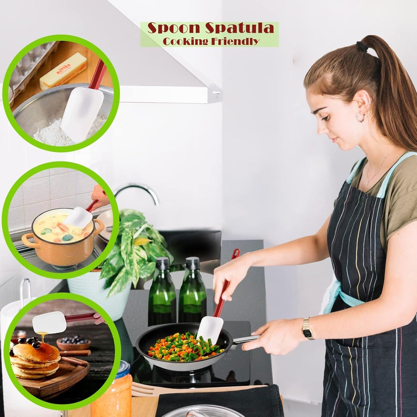 Kitchy Silicone Rubber Spatula and Spoon Set - High Heat Spatula Spoon, Commercial Cooking Set (1 Spoonula + 2 Scrapers, 14 Inches)