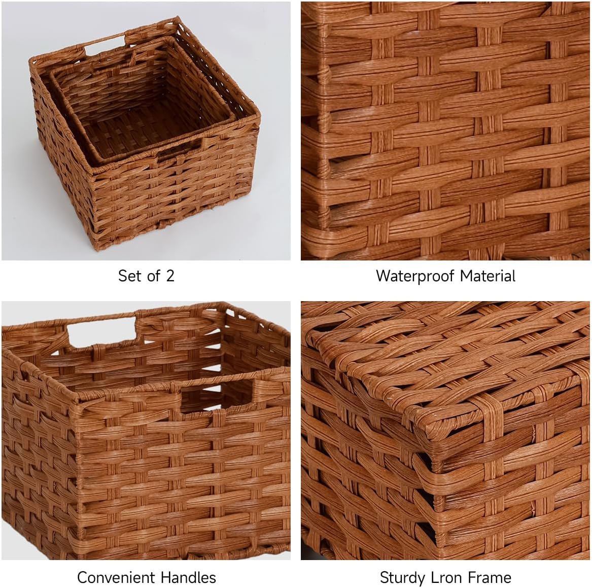 Wicker Storage Baskets with Handles, Decorative Handwoven Plastic Wicker Boxes Storage Basket for Room, Pantry, 2 Pack Large and Small (Brown)