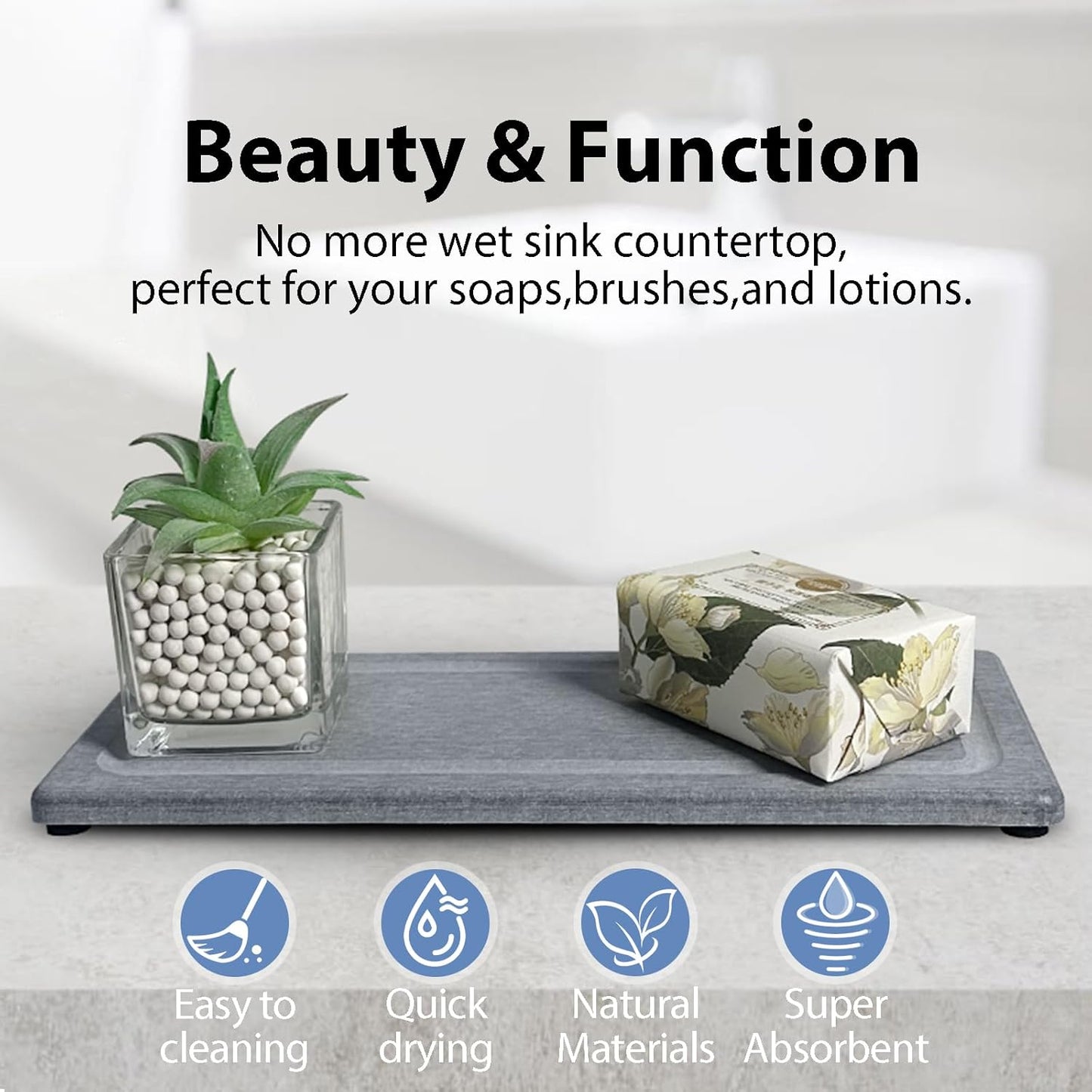 2 PCS Water Absorbing Stone Trays for Bathroom Sink & Kitchen Counter, Fast-Drying Diatomite Sink Coasters, Vanity Tray, Hand Soap Holder with Anti-Skid Pads (11" x 4.7" Gray)