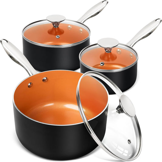 MICHELANGELO Sauce Pan Set, Ultra Nonstick Saucepan Set of 3, Ceramic Saucepans with Lids, 1 Qt & 2 Qt & 3 Qt Small Pot Set, Copper Sauce Pan with Lid