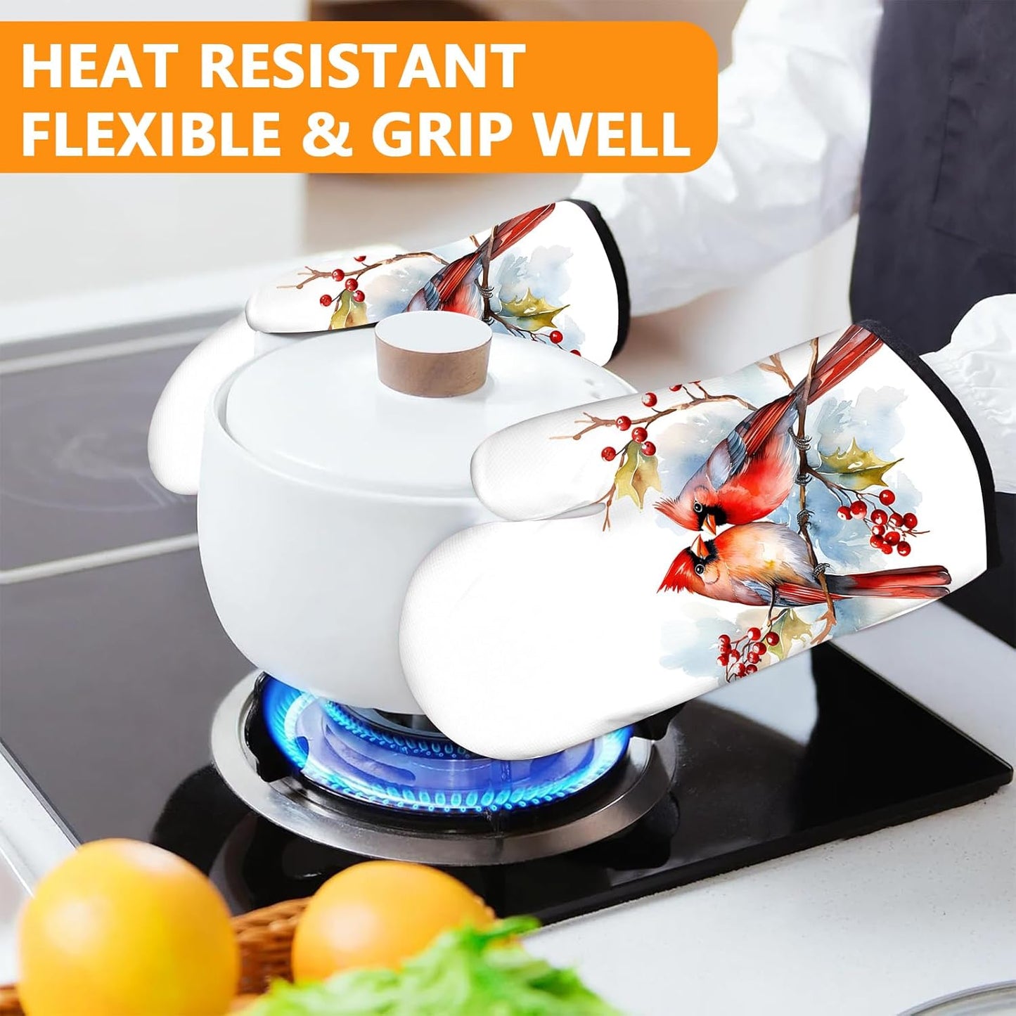 Red Cardinal Birds Oven Mitts and Pot Holders Sets 4Pcs,Extra Long Oven Gloves Potholder for Kitchen Cooking Baking BBQ 100% Cotton Heat Resistant