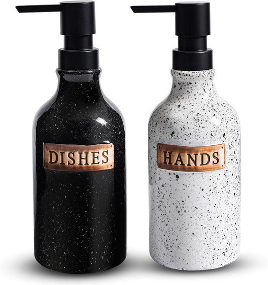 Hand and Dish Dispenser for Kitchen Sink, Ceramic Soap Dispenser Bathroom Countertop, 18 OZ Vintage Handwash Liquid Pump Dispenser for Bathroom Farmhouse Vintage Kitchen Decor