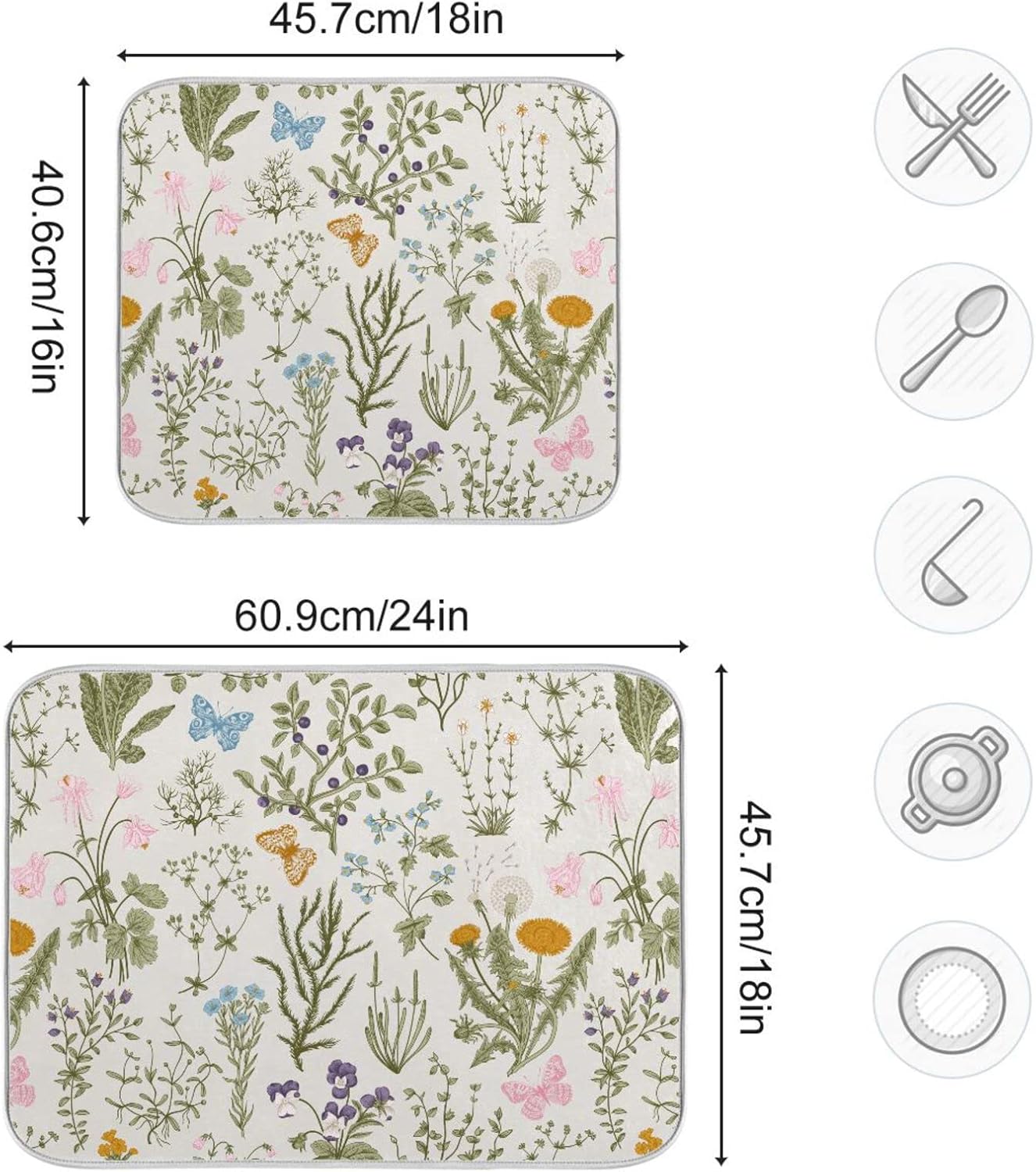 Herbs Flowers Botanical Butterfly Dish Drying Mat for Kitchen Counter Absorbent Microfiber Drying Pad, Large 18x24 in, Reversible Drainer Mats