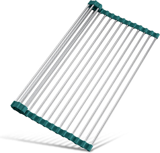 Tomorotec Stainless Steel Roll Up Dish Drying Rack, Foldable Over The Sink Rolling Drainer Rack, Multipurpose Kitchen Gadget Draining Caddy Organizer, Space Saving Sink Accessory Storage Shelf Holder