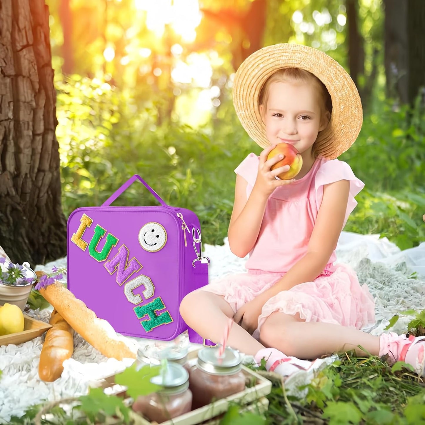 Insulated Lunch Bag With Adjustable Shoulder Strap, Nylon Preppy Lunch Box Large Insulated Lunch Bag Reusable Lunch Tote Bag with Smiley Preppy LunchBag for Girls School Travel Picnic (Dark purple)