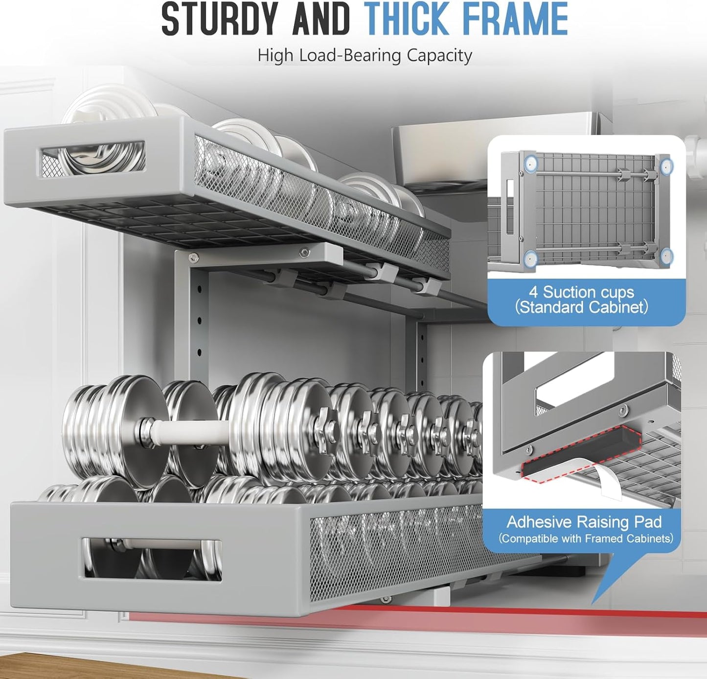 2 Pack 20.47IN Depth Under Sink Storage Organizer, Large 2-Tier Elegant Mesh Pull Out Shelf for Kitchen and Bathroom Cabinet Organization, L-Shaped and Adjustable Height Design-Gun Gray