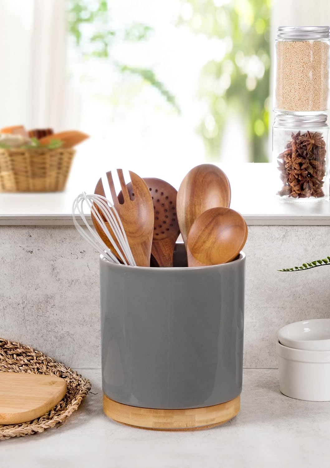 Nucookery 360° Rotating Utensil Holder, 7.2" Large Utensil Crock, White Ceramic Cooking Utensil Organizer with Countertop-Protection Cork Bottom for Farmhouse Kitchen Decor Gift (Gray)