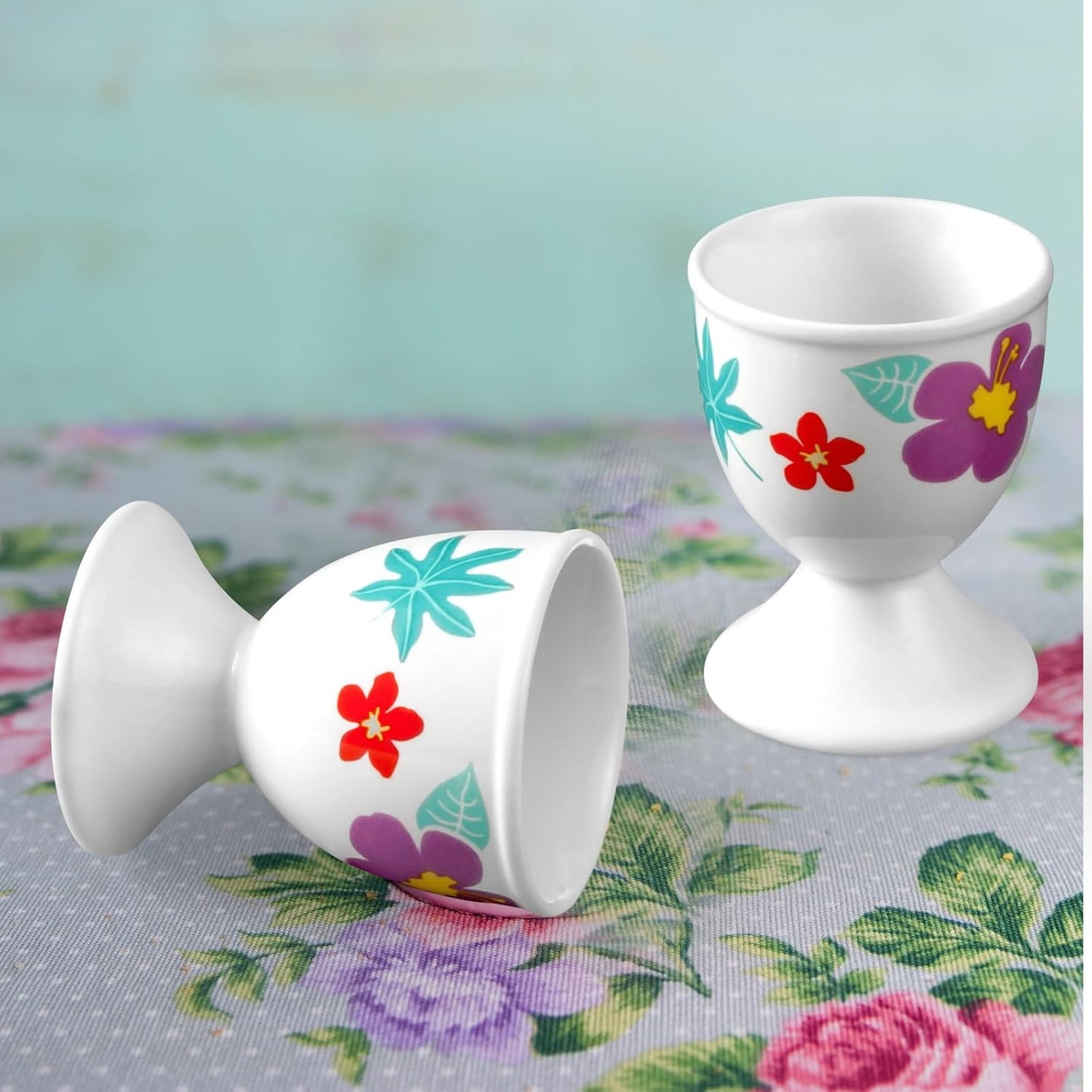 Cinf Ceramic Egg Cups Hawaii Flower Set of 2 Porcelain Holder Breakfast Boiled Cooking Easy to Clean Childhood Memories Kitchen