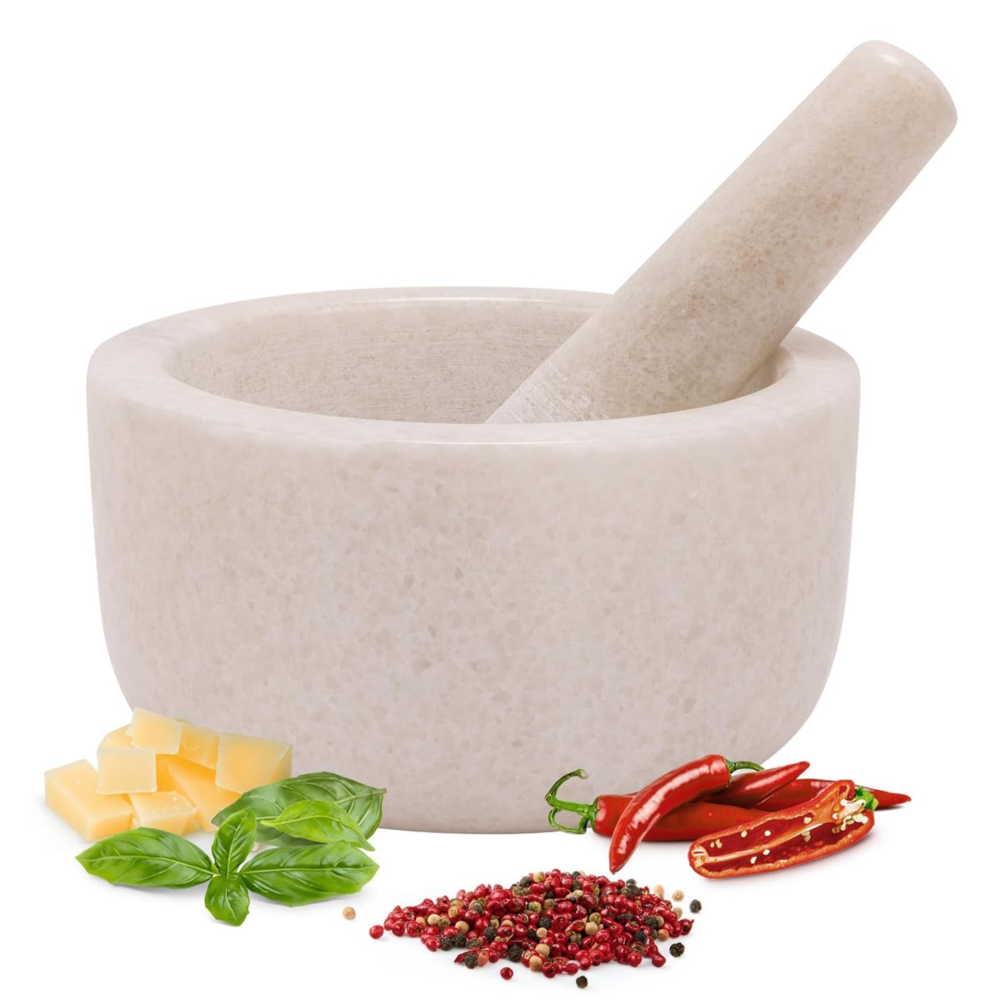 H&S Alliance Mortar and Pestle Set - Premium Stone Pestle and Mortar Bowl & Grinder - Spice Herb Crusher Pesto Guacamole Maker for Kitchen - 7.1" (18cm) Diameter - White Marble