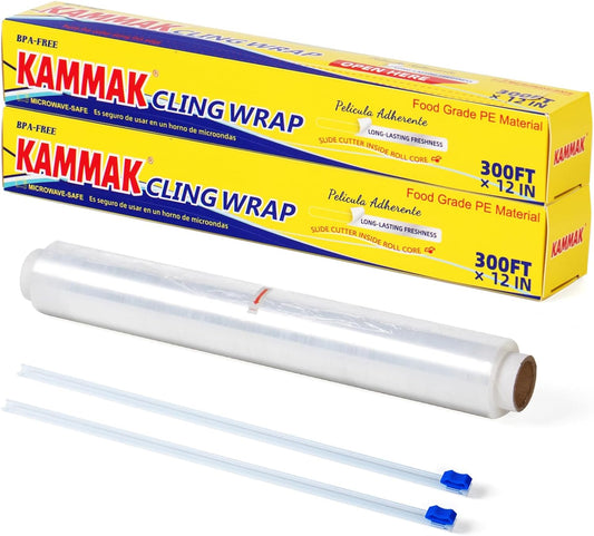 KAMMAK Plastic Wrap with Slide Cutter Food Cling Wrap 12 Inch Kitchen Cling Film BPA-Free Microwave-Safe 300 Ft Roll Food Service Film Quick Cut for Restaurant (2 Pack)