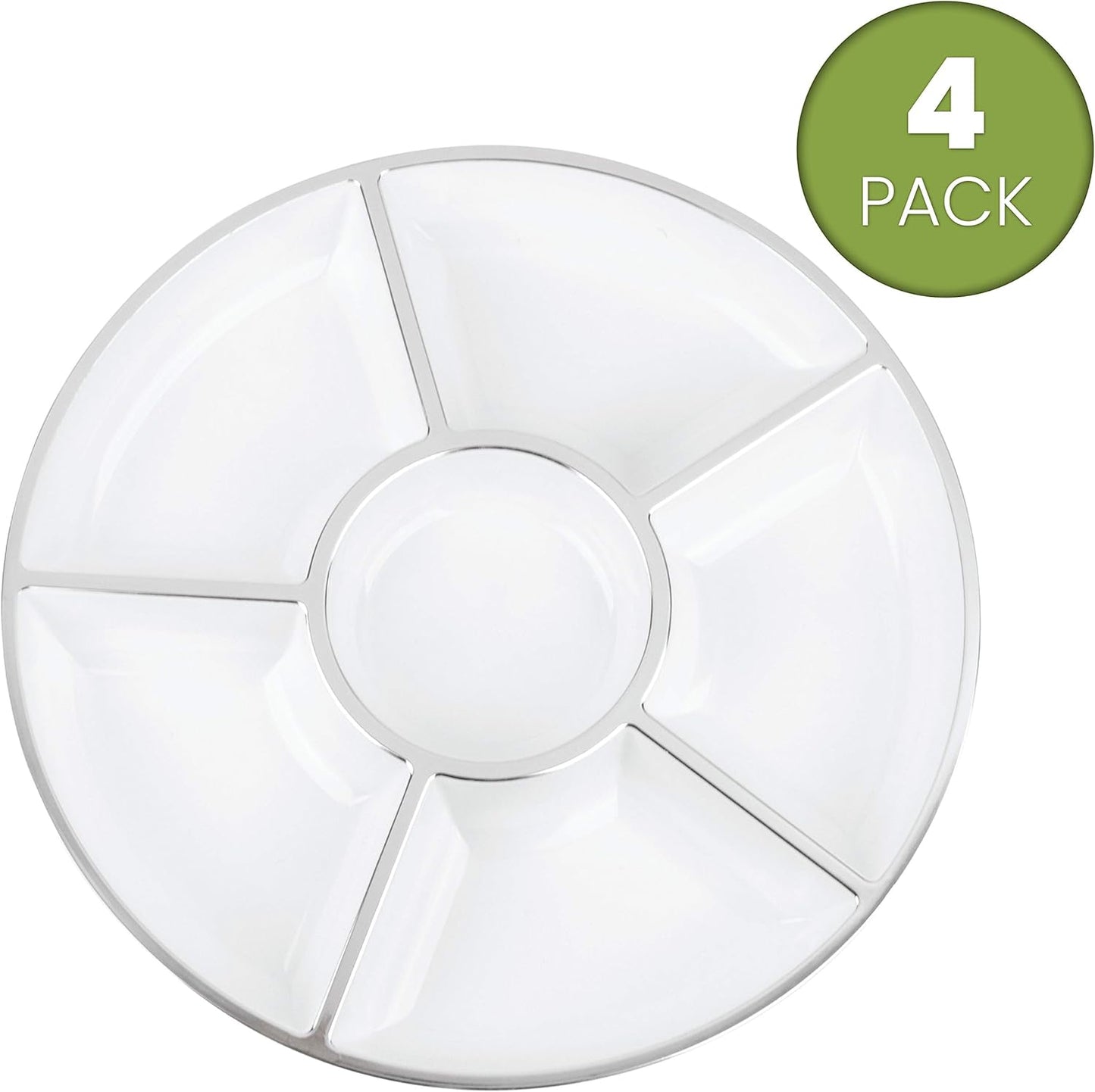 Plasticpro 6 Sectional Round Plastic Serving Tray/Platters White & Silver Pack of 4