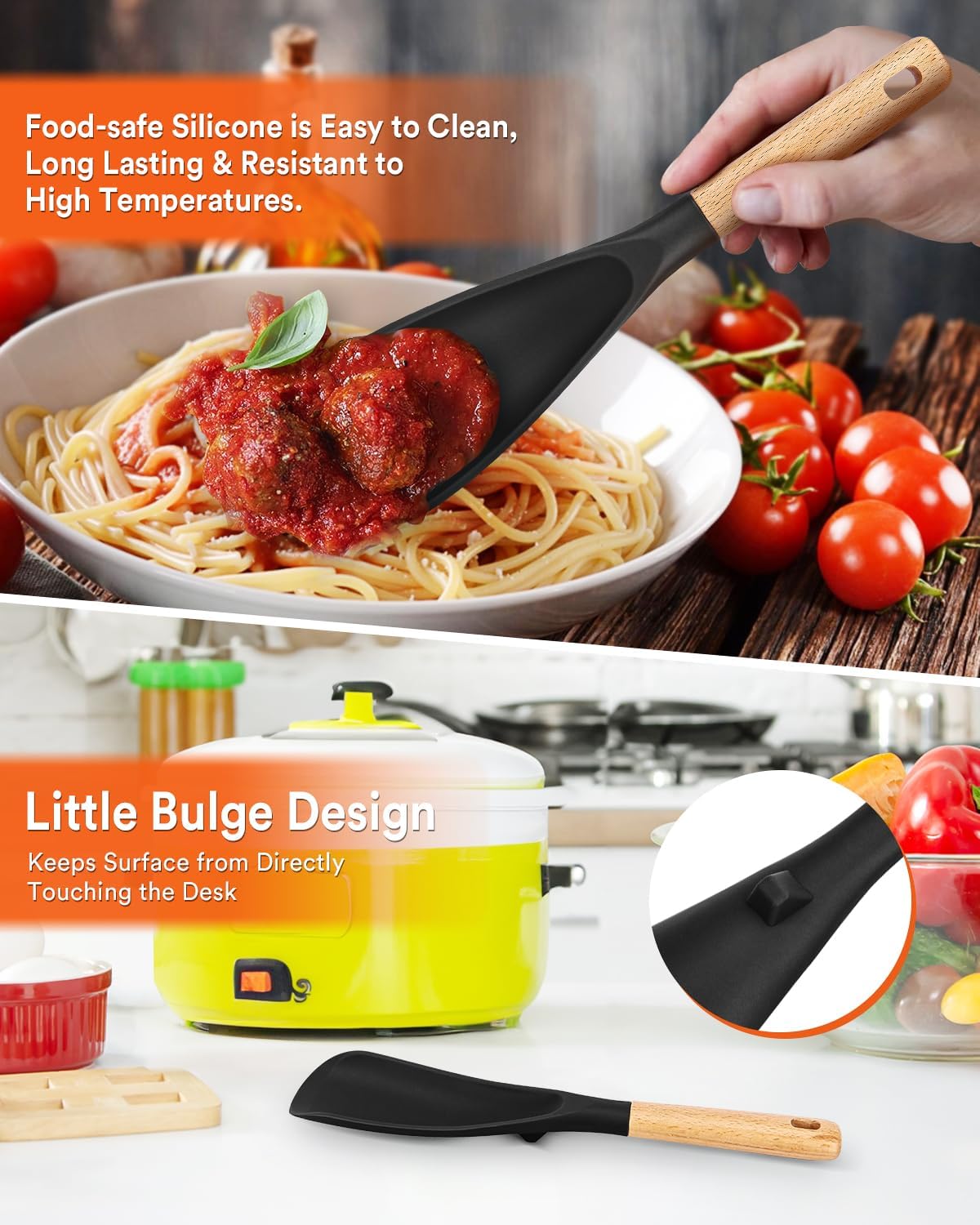 Cooking Spoon and Rice Scooper for Nonstick Cookwares, Great for Cooking and Serving Sturdy BPA-Free Matte Silicone, Wood Handle Spoon for Mixing, Scoop, and Scrape (Black Spoon & White Scooper）