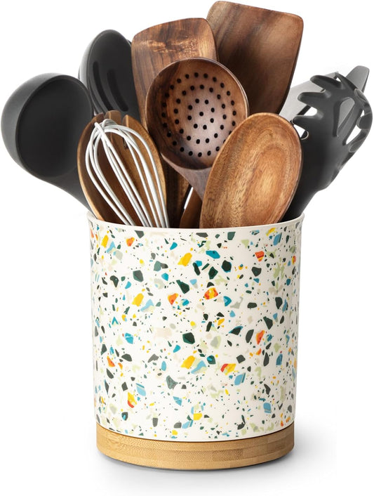 Nucookery 360°Rotating Utensil Holder, 7.2" Kitchen Utensil Crock, Ceramic Cooking Utensil Organizer with Countertop-Protection Cork Bottom for Farmhouse Kitchen Decor Christmas (Marble Pattern)