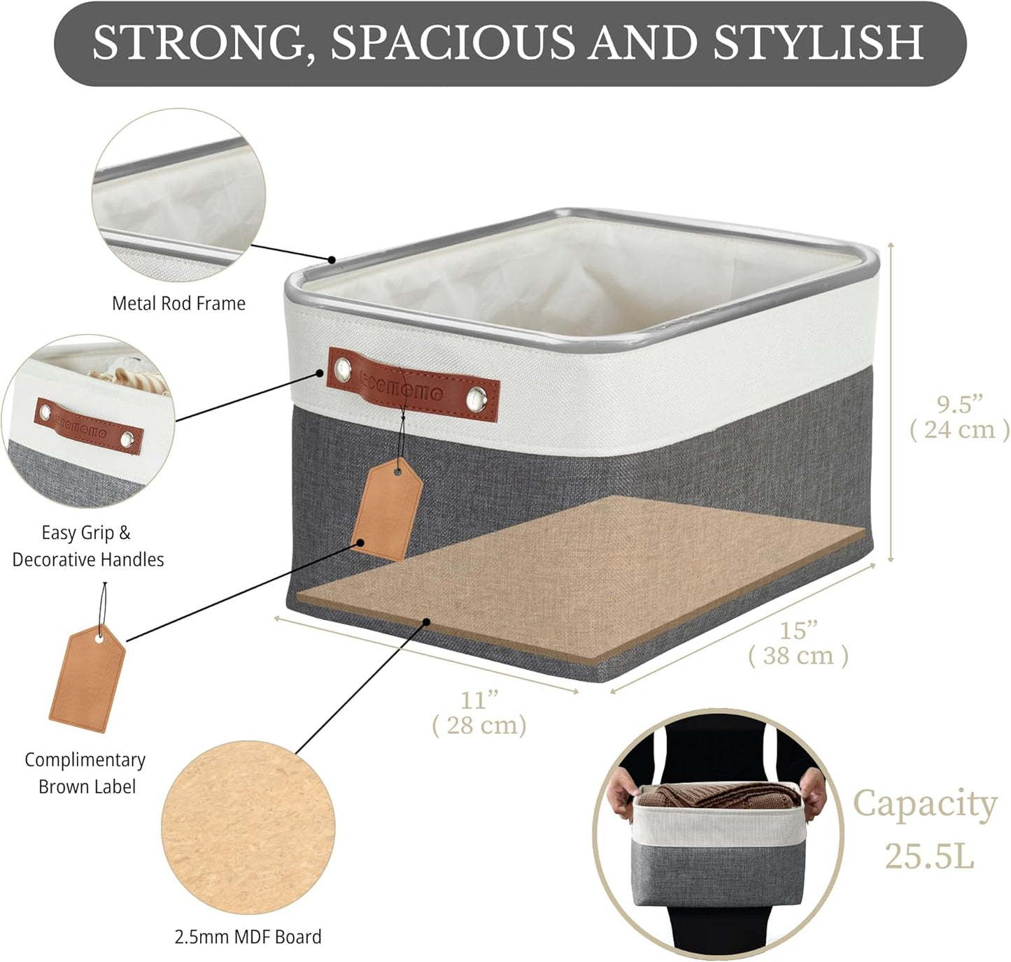 DECOMOMO Storage Baskets for Shelves - Fabric Storage Bins, Linen Closet Organizers and Storage (Slate Grey & White, Large - 4 Pack)