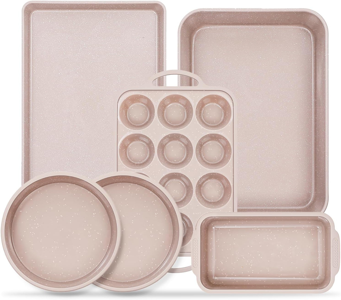 Vinino 6-Piece Baking Pans Set Nonstick, Bakeware Set includes Silicone Muffin, Loaf, Cake Pans with Metal Reinforced Frame. And includes Carbon Steel Roasting Pan, Cookie Sheet for Oven