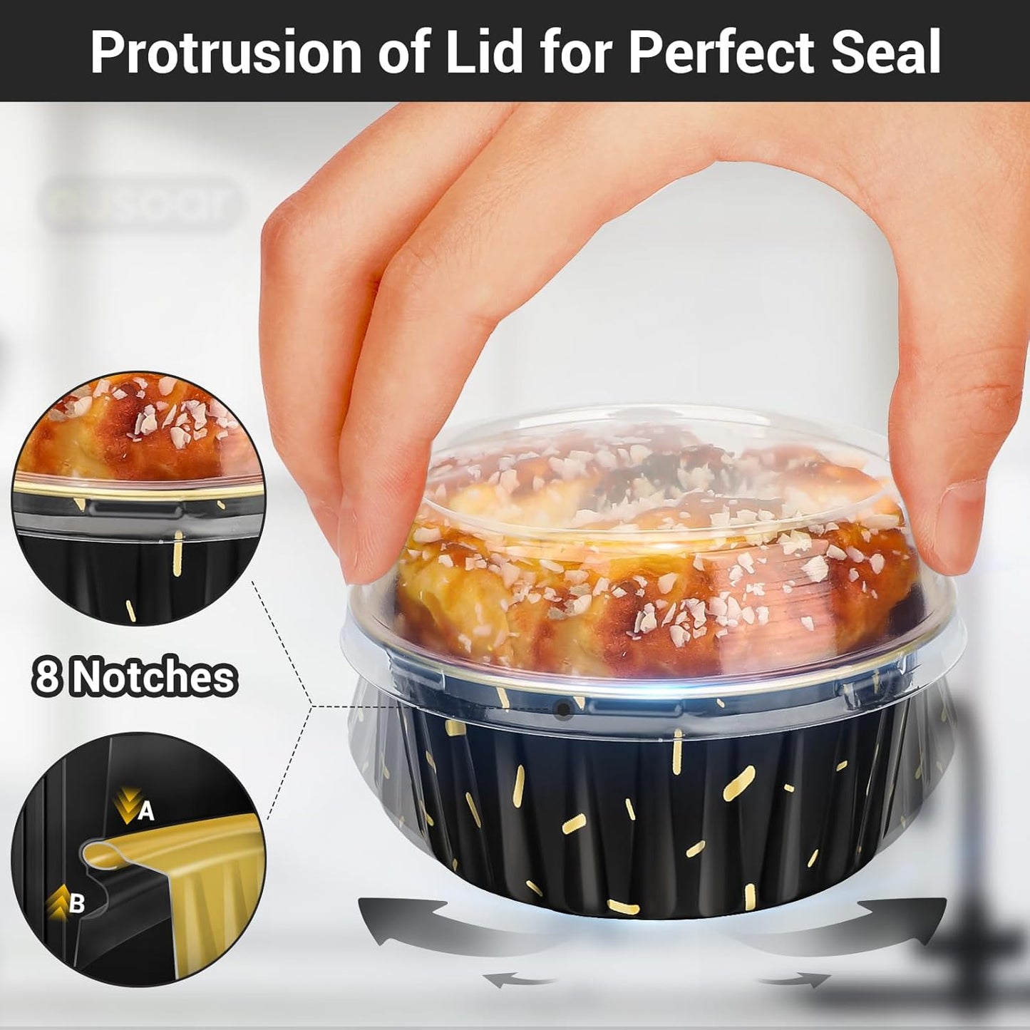 EUSOAR Foil Ramekins with Lids, Black 60Packs 5oz Disposable Baking Cups Foil Liner Cupcake Container, Dessert Cheesecake Pan Creme Brulee Cupcake Containers for Catering Gathering Club Wedding Party