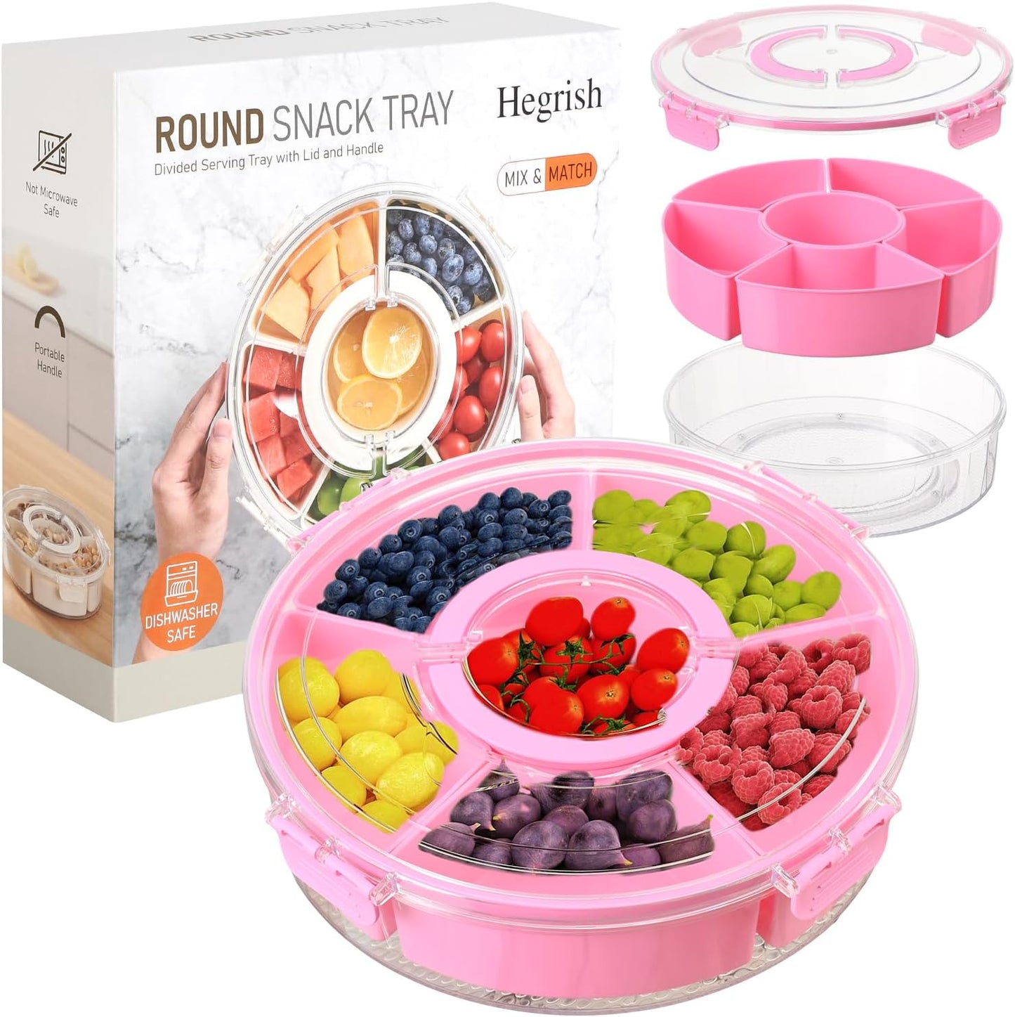 Divided Rotating Serving Tray with Lid and Handle,Portable Snackle Box Container,Spinner Organizer and Storage for Adults,Child,Fruits,Candy,Nuts,Veggie,Charcuterie,Snacks,Picnic,Road Travel Party