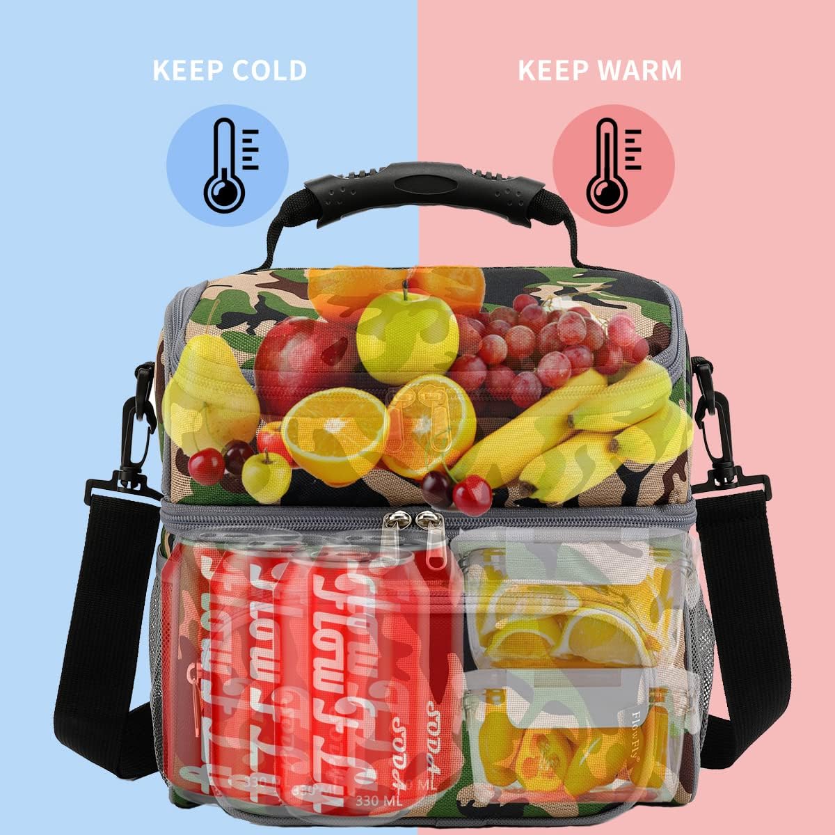 FlowFly Double Layer Cooler Insulated Lunch Bag Adult Lunch Box Large Tote Bag for Men, Women, With Adjustable Strap,Front Pocket and Dual Large Mesh Side Pockets