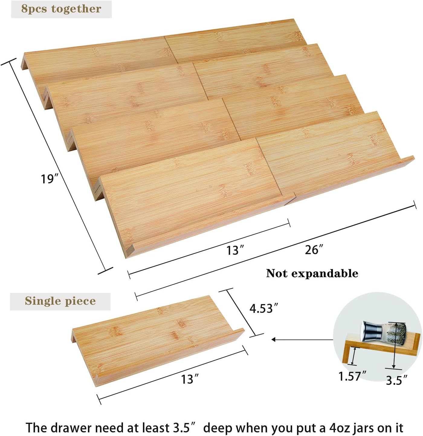 Bamboo Spice Drawer Organizer for Insert Shallow Drawer, 8 Tier Stackable Spice Rack Organizer for Cabinet(4.8" D x 13" W x 1.65" H) Seasoning Storage Organization for Kitchen Pantry Drawer