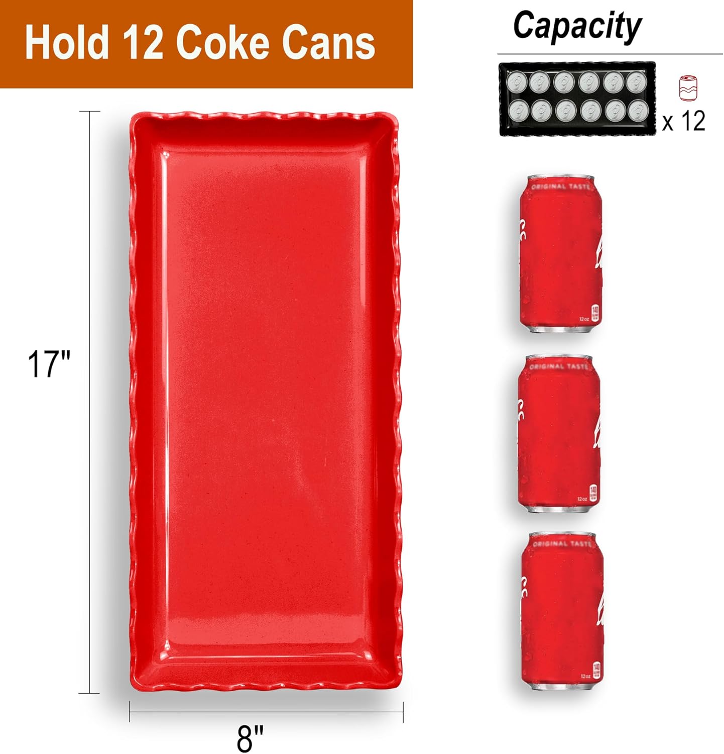 KAQAHIDO 17" x 8" x 1.5" Red Serving Tray Set, Wave Edge Melamine Platters for Cookie, Appetizer, Charcuterie, Snack, Dessert, Party Food Display, Stackable, Set of 2