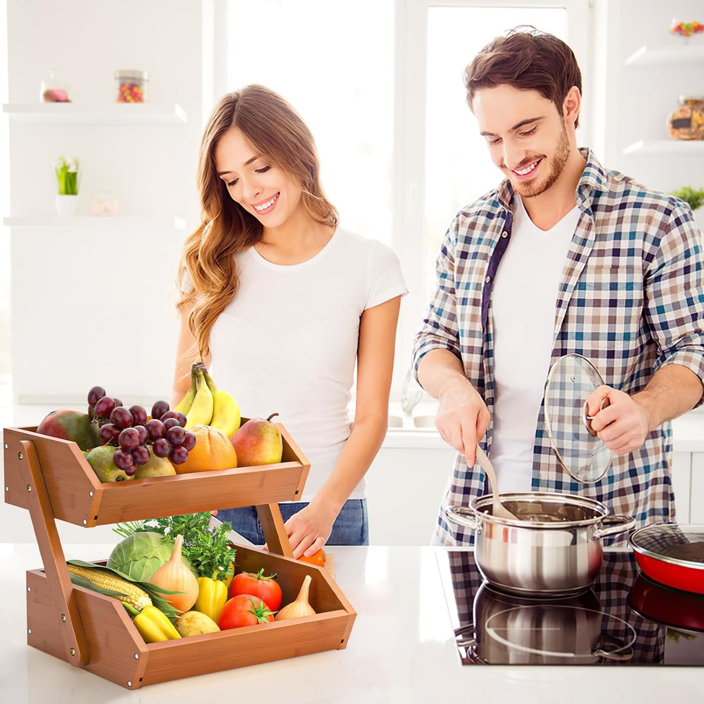 G.a HOMEFAVOR Fruit Basket for Kitchen, 2-Tier Fruit Bowl for Kitchen Counter, Vegetable Storage Stand for Fruit Shop, 15 mm Thickness, Brown