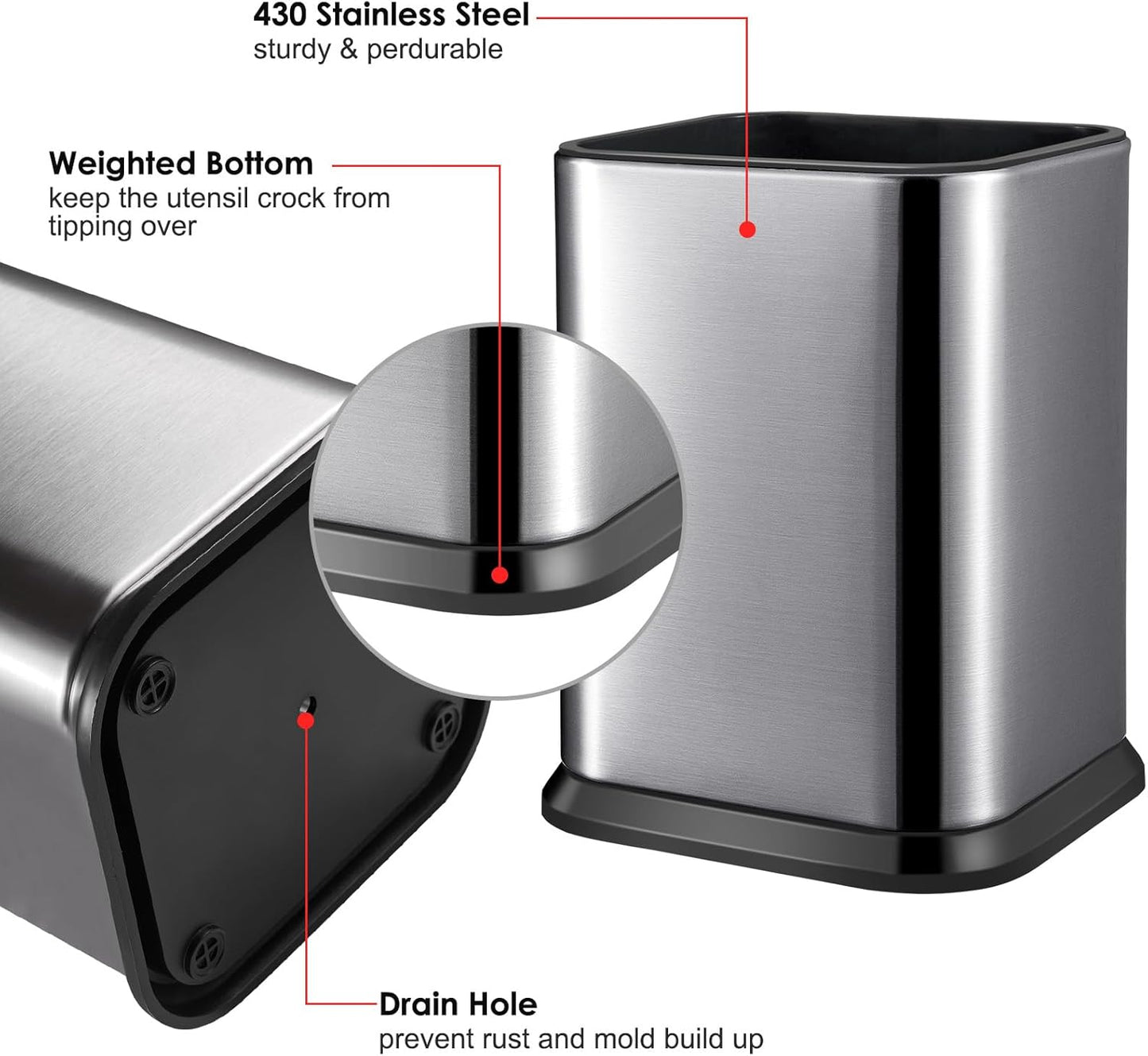 RedCall Stainless Steel Kitchen Utensil Holder for Countertop, Spoon Spatula Organizer,Modern Rectangular Large Cooking Utensil Caddy Counter,Utensil Crock Silver