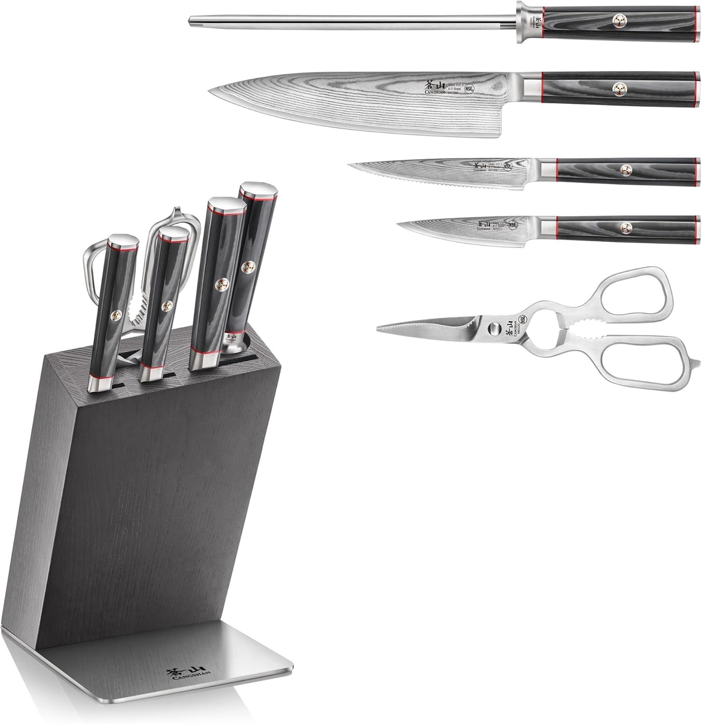 Cangshan YARI Series HUA Knife Block Set, X-7 Damascus Steel, Ash Wood Block (6-Piece)